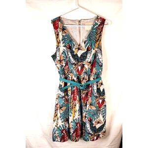 Modcloth Womens Optimistic Fit & Flare Dress Floral Parrot Butterflies Pocket L